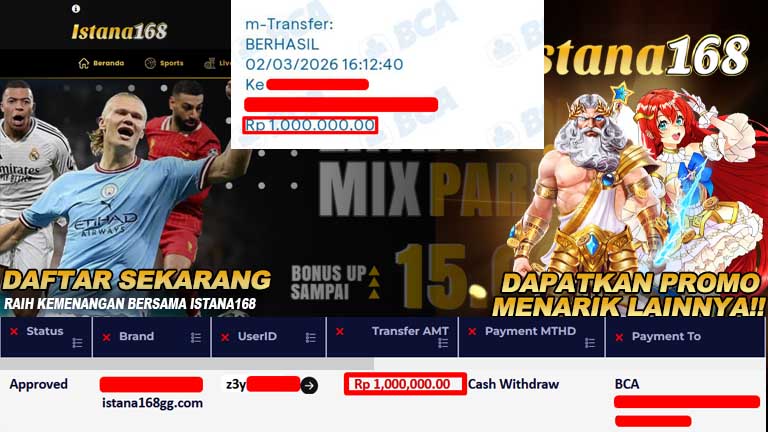 BUKTI KEMENANGAN WD MEMBER ISTANA168 IDR 1.000.000