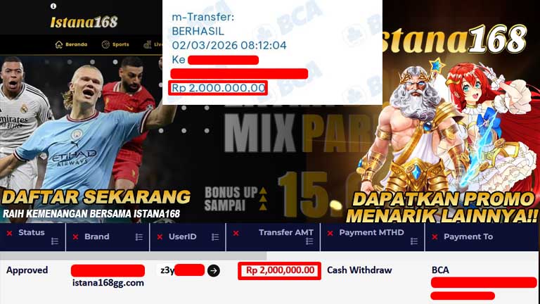 BUKTI KEMENANGAN WD MEMBER ISTANA168 IDR 2.000.000