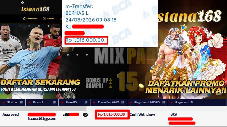 BUKTI KEMENANGAN WD MEMBER ISTANA168 IDR 1,016,000