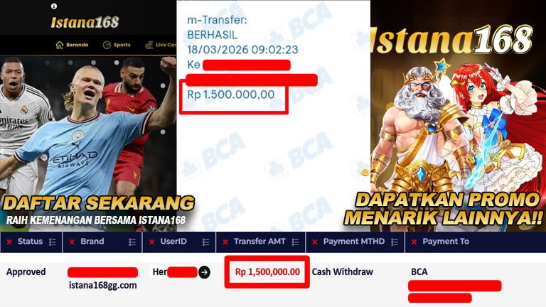 BUKTI KEMENANGAN WD MEMBER ISTANA168 IDR 1.500.000