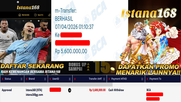 BUKTI KEMENANGAN WD MEMBER ISTANA168 IDR 5.600.000
