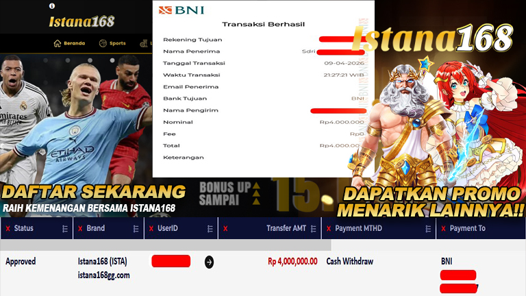 BUKTI KEMENANGAN WD MEMBER ISTANA168 IDR 4.000.000