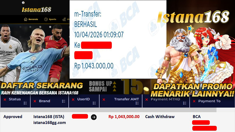 BUKTI KEMENANGAN WD MEMBER ISTANA168 IDR 1.043.000