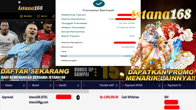 BUKTI KEMENANGAN WD MEMBER ISTANA168 IDR 4.000.000