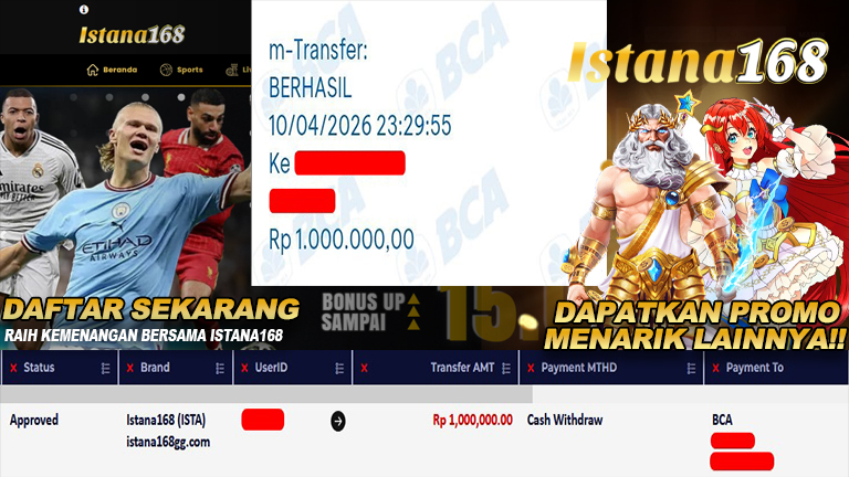 BUKTI KEMENANGAN WD MEMBER ISTANA168 IDR 1.000.000
