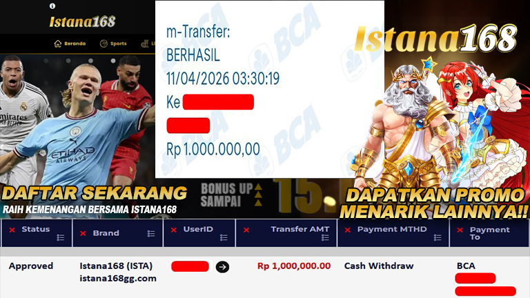 BUKTI KEMENANGAN WD MEMBER ISTANA168 IDR 1.000.000