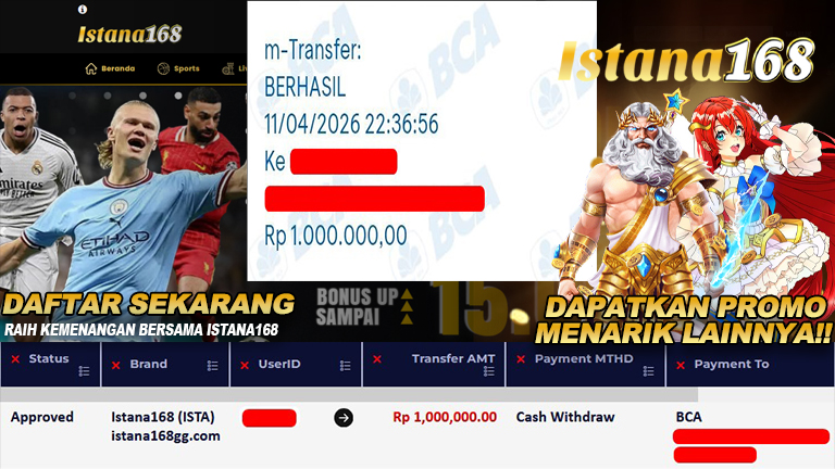 BUKTI KEMENANGAN WD MEMBER ISTANA168 IDR 1.000.000