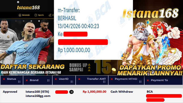 BUKTI KEMENANGAN WD MEMBER ISTANA168 IDR 1.000.000