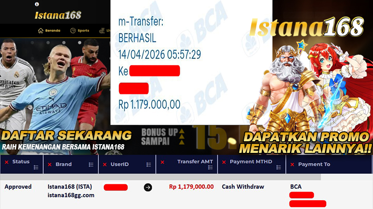 BUKTI KEMENANGAN WD MEMBER ISTANA168 IDR 1.179.000