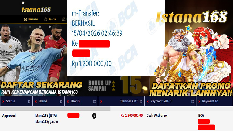 BUKTI KEMENANGAN WD MEMBER ISTANA168 IDR 1.200.000