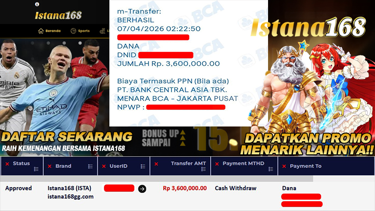 BUKTI KEMENANGAN WD MEMBER ISTANA168 IDR 3.600.000