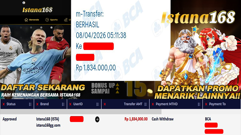 BUKTI KEMENANGAN WD MEMBER ISTANA168 IDR 1.834.000