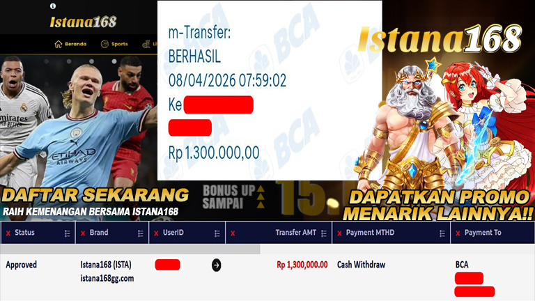 BUKTI KEMENANGAN WD MEMBER ISTANA168 IDR 1.300.000