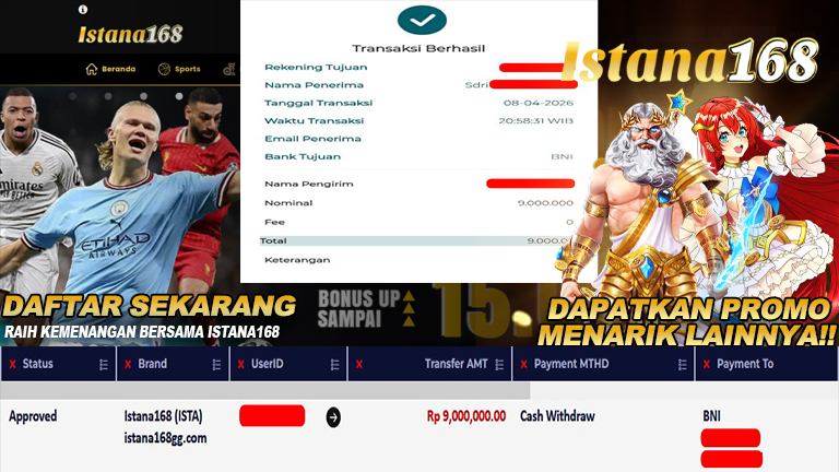 BUKTI KEMENANGAN WD MEMBER ISTANA168 IDR 9.000.000