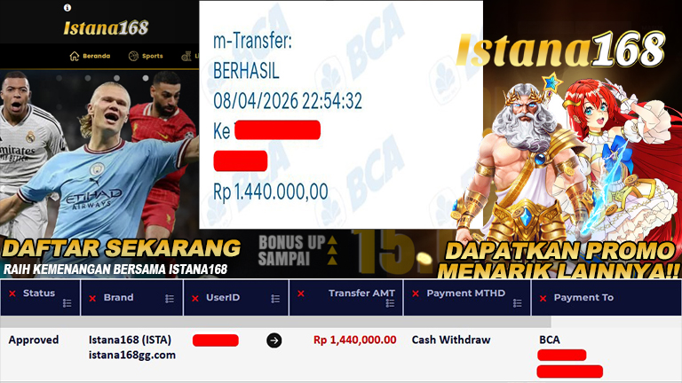 BUKTI KEMENANGAN WD MEMBER ISTANA168 IDR 1.440.000