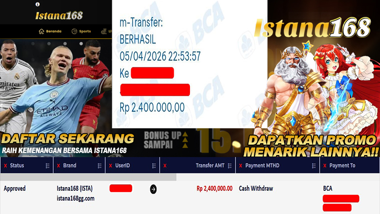 BUKTI KEMENANGAN WD MEMBER ISTANA168 IDR 2.400.000
