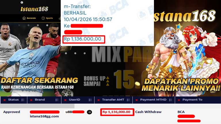 BUKTI KEMENANGAN WD MEMBER ISTANA168 IDR 1.136.000