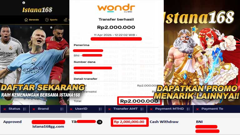 BUKTI KEMENANGAN WD MEMBER ISTANA168 IDR 2.000.000