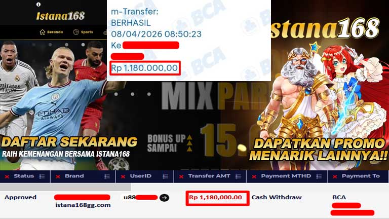 BUKTI KEMENANGAN WD MEMBER ISTANA168 IDR 1,180,000