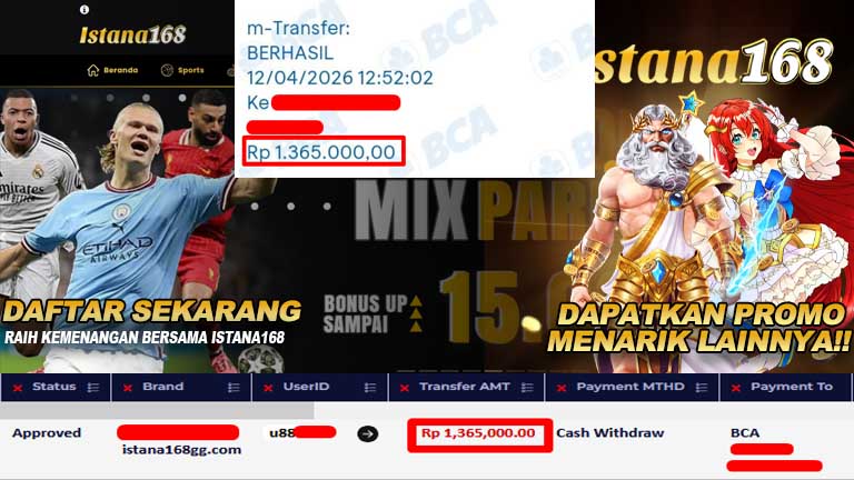 BUKTI KEMENANGAN WD MEMBER ISTANA168 IDR 1,365,000