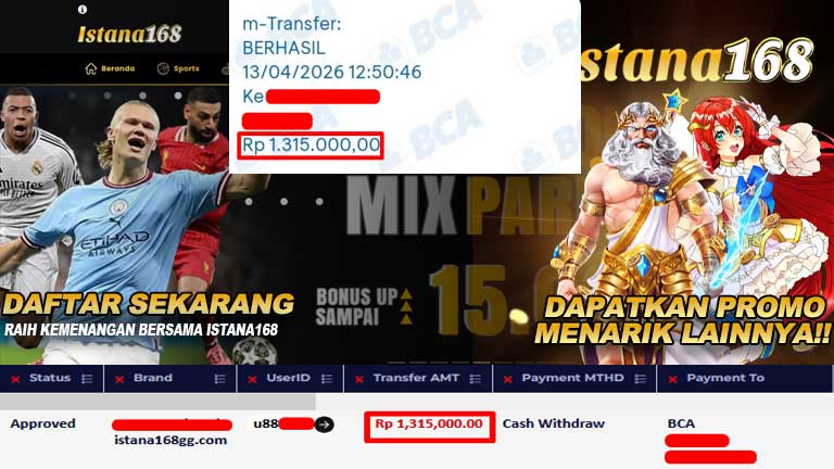 BUKTI KEMENANGAN WD MEMBER ISTANA168 IDR 1,315,000