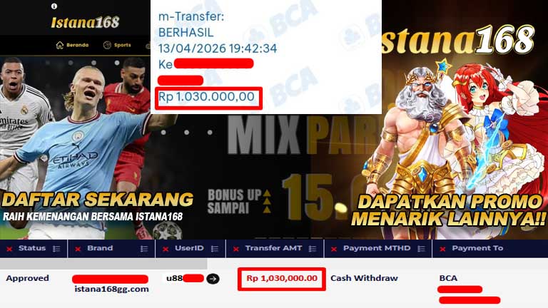 BUKTI KEMENANGAN WD MEMBER ISTANA168 IDR 1.030.000