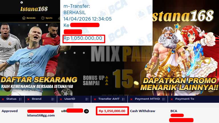 BUKTI KEMENANGAN WD MEMBER ISTANA168 IDR 1,050,000.