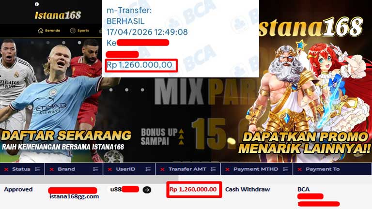 BUKTI KEMENANGAN WD MEMBER ISTANA168 IDR 1.260.000