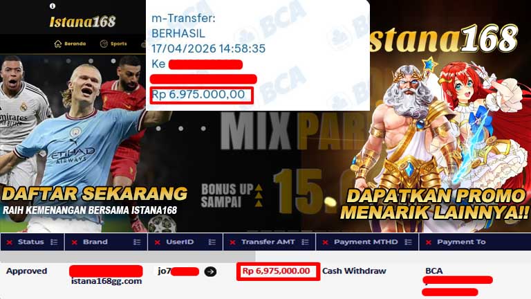 BUKTI KEMENANGAN WD MEMBER ISTANA168 IDR 6,975,000