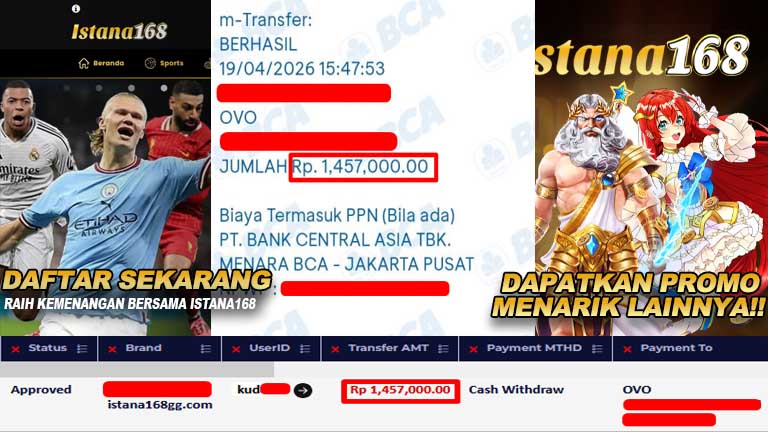 BUKTI KEMENANGAN WD MEMBER ISTANA168 IDR 1,457,000