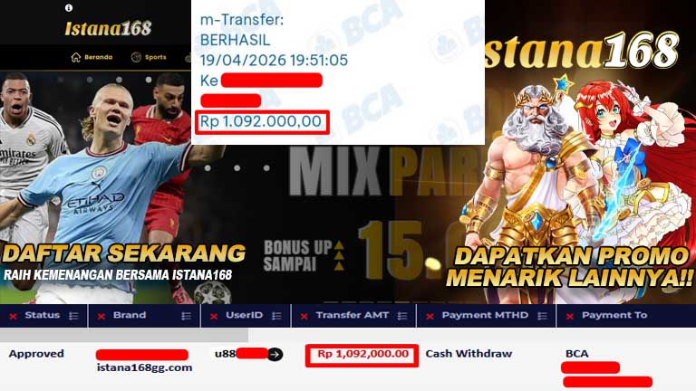 BUKTI KEMENANGAN WD MEMBER ISTANA168 IDR 1,092,000