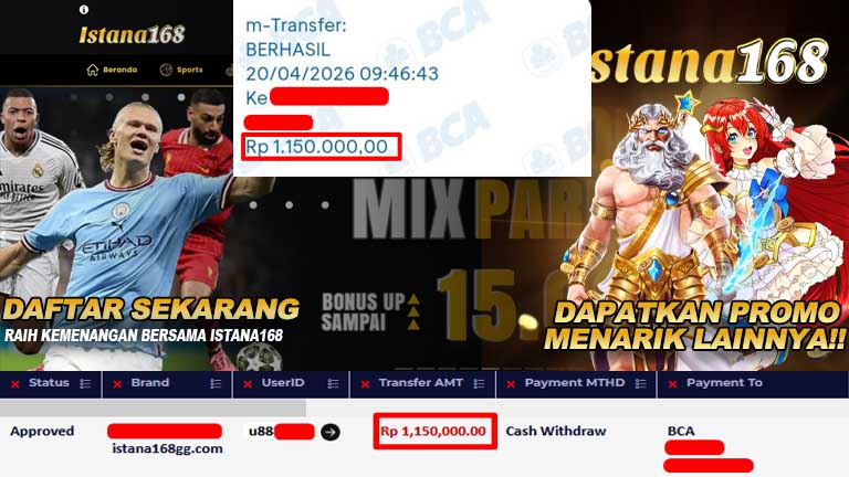 BUKTI KEMENANGAN WD MEMBER ISTANA168 IDR 1,150,000