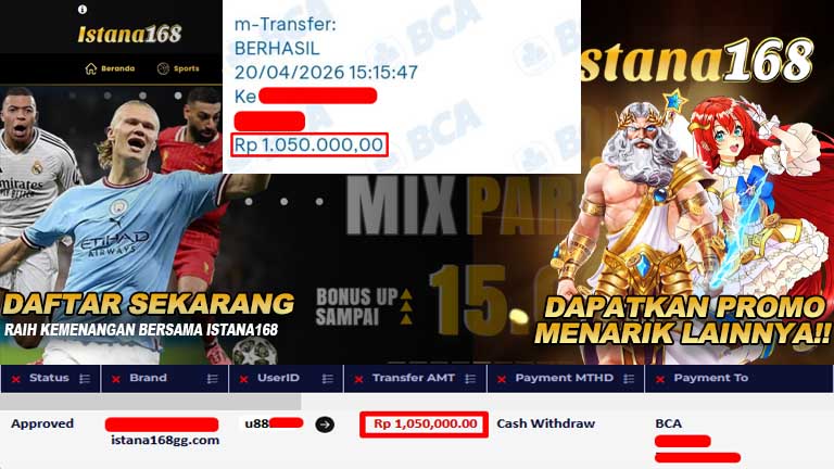 BUKTI KEMENANGAN WD MEMBER ISTANA168 IDR 1.050.000