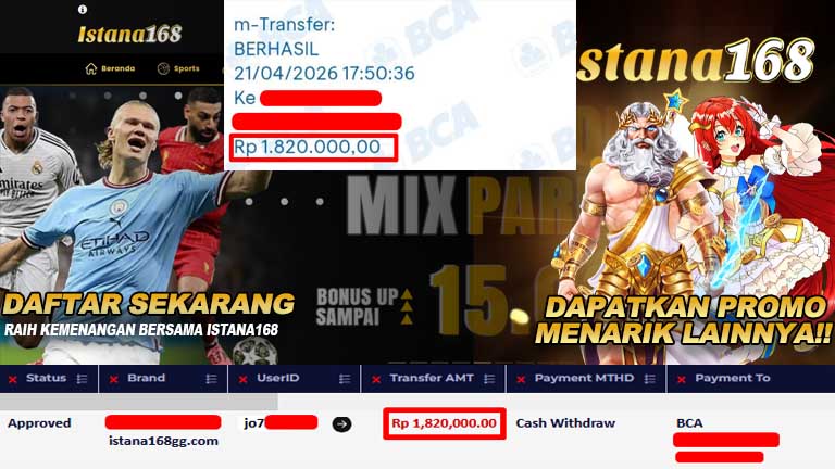 BUKTI KEMENANGAN WD MEMBER ISTANA168 IDR 1,820,000