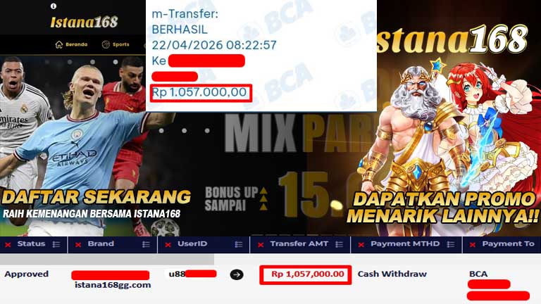 BUKTI KEMENANGAN WD MEMBER ISTANA168 IDR 1.057.000