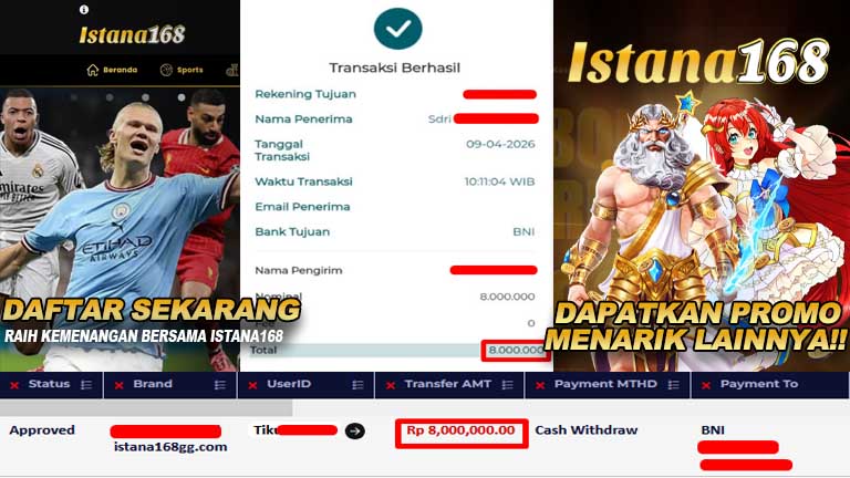 BUKTI KEMENANGAN WD MEMBER ISTANA168 IDR 8.000.000