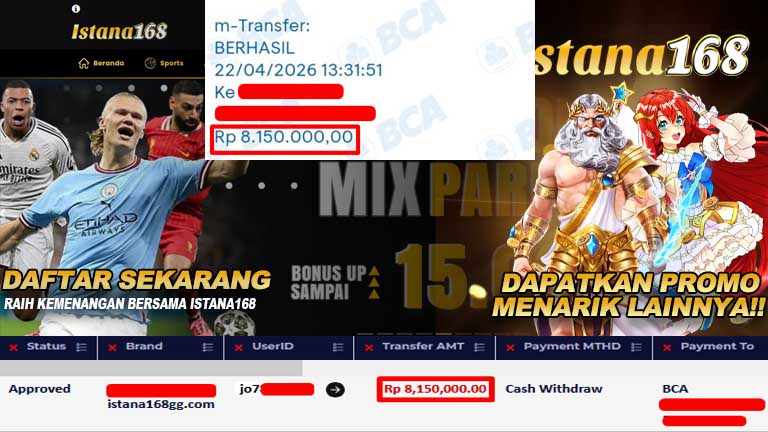 BUKTI KEMENANGAN WD MEMBER ISTANA168 IDR 8,150,000