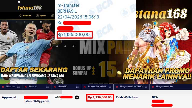 BUKTI KEMENANGAN WD MEMBER ISTANA168 IDR 1.136.000