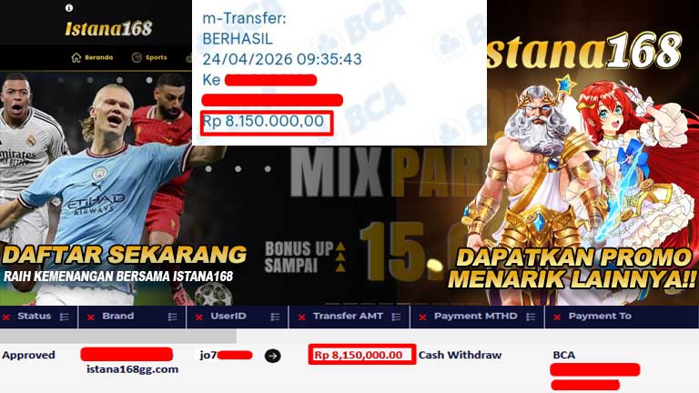 BUKTI KEMENANGAN WD MEMBER ISTANA168 IDR 8,150,000