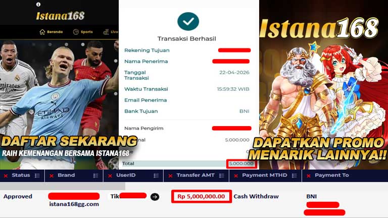 BUKTI KEMENANGAN WD MEMBER ISTANA168 IDR 5.000.000