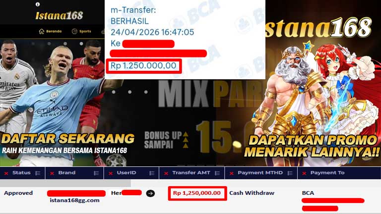 BUKTI KEMENANGAN WD MEMBER ISTANA168 IDR 1,250,000