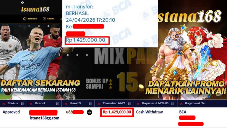 BUKTI KEMENANGAN WD MEMBER ISTANA168 IDR 1,429,000