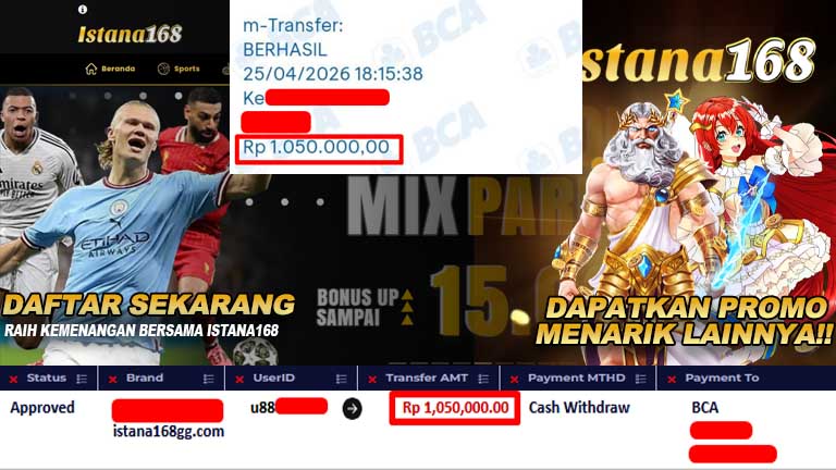 BUKTI KEMENANGAN WD MEMBER ISTANA168 IDR 1.050.000