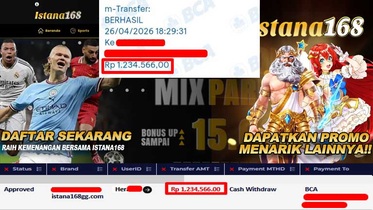 BUKTI KEMENANGAN WD MEMBER ISTANA168 IDR 1,234,566