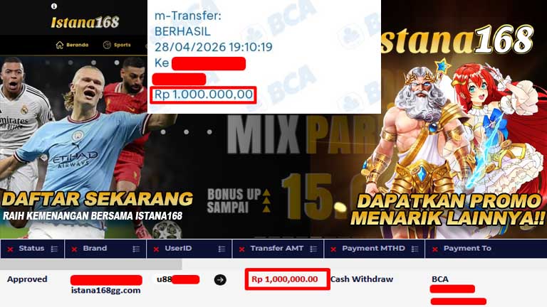 BUKTI KEMENANGAN WD MEMBER ISTANA168 IDR 1.000.000