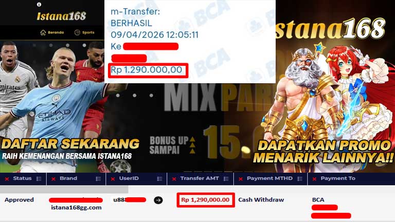 BUKTI KEMENANGAN WD MEMBER ISTANA168 IDR 1.290.000