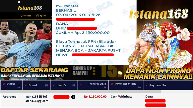 BUKTI KEMENANGAN WD MEMBER ISTANA168 IDR 3.150.000