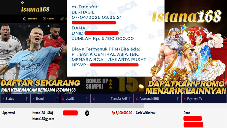 BUKTI KEMENANGAN WD MEMBER ISTANA168 IDR 5.100.000