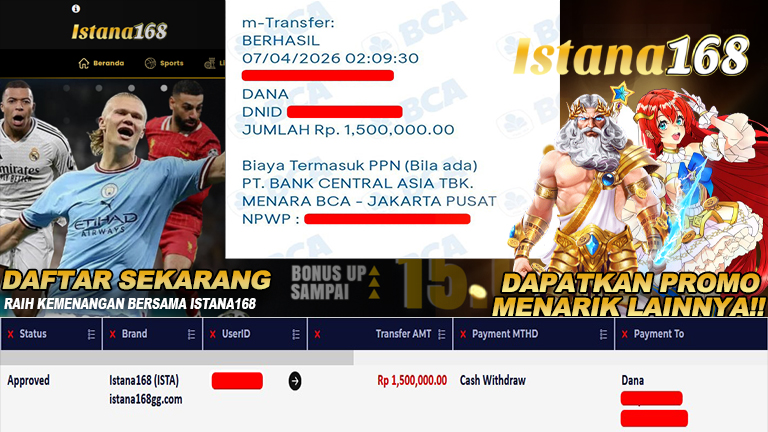 BUKTI KEMENANGAN WD MEMBER ISTANA168 IDR 1.500.000