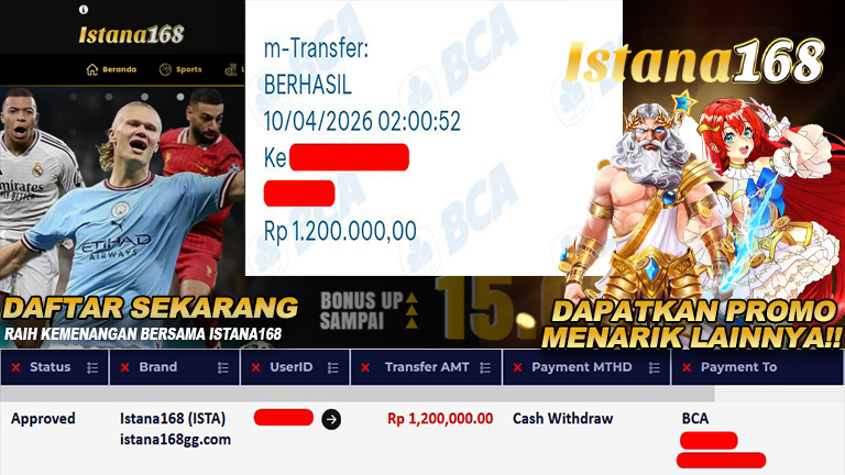 BUKTI KEMENANGAN WD MEMBER ISTANA168 IDR 1.200.000